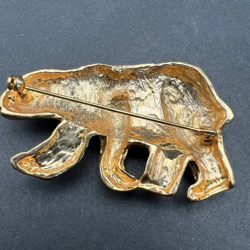 Vintage Enamel Bear Brooch Gold Tone Accents Green Crystal Eye‎ Pin